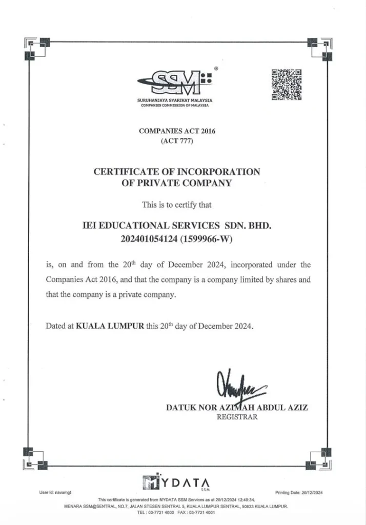 بيانات التسجيل الأساسية لشركة IEI Educational Services Sdn. Bhd ssm